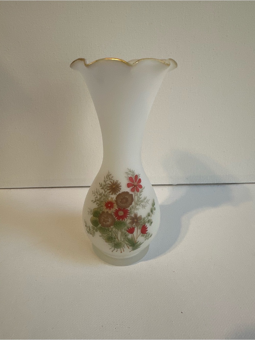 Vintage White Floral Frosted Glass Vase with Gold Rim